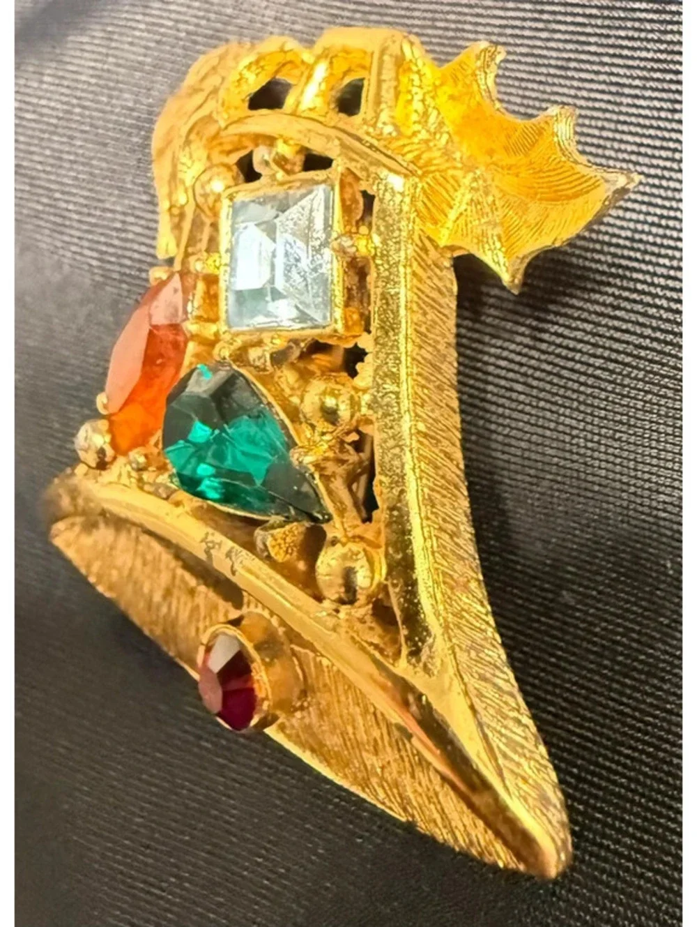 Vintage Christmas Bell Brooch Gold Tone with Rhinestone Colorful Holiday Jewelry